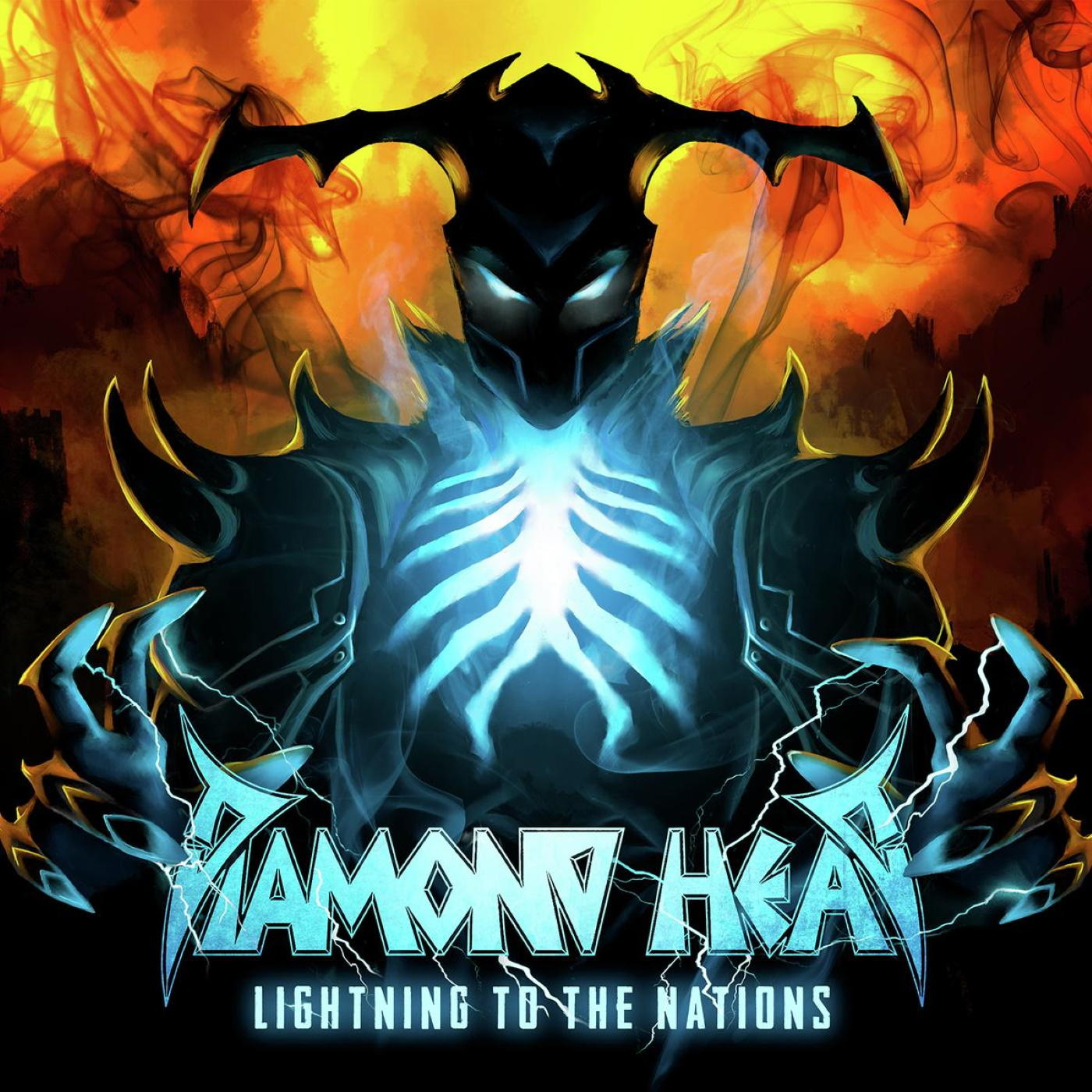 Sötét kép egy démoni figuráról, kék ragyogó törzzsel és a Diamond Heat felirattal.