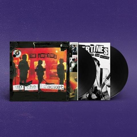 The Libertines Up the Bracket albumjának borítója, két bakelit lemezzel egy lila felületen.