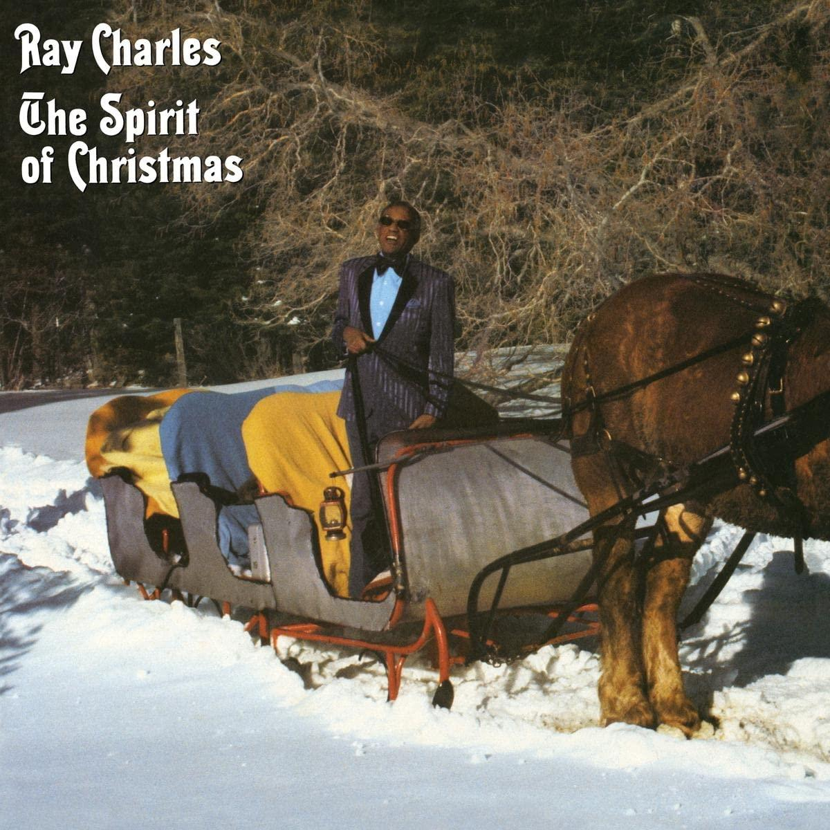Ray Charles szánon a hóban. Fa háttér. Album borító.
