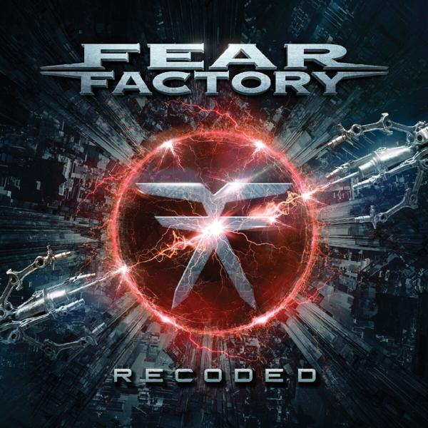 Album borító, Fear Factory, Recoded. Piros kör alakú design ezüst metál háttérrel.