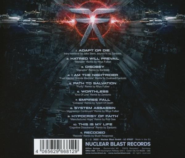 Album borító futurisztikus dizájnnal és számlistával. Piros és fekete színséma.