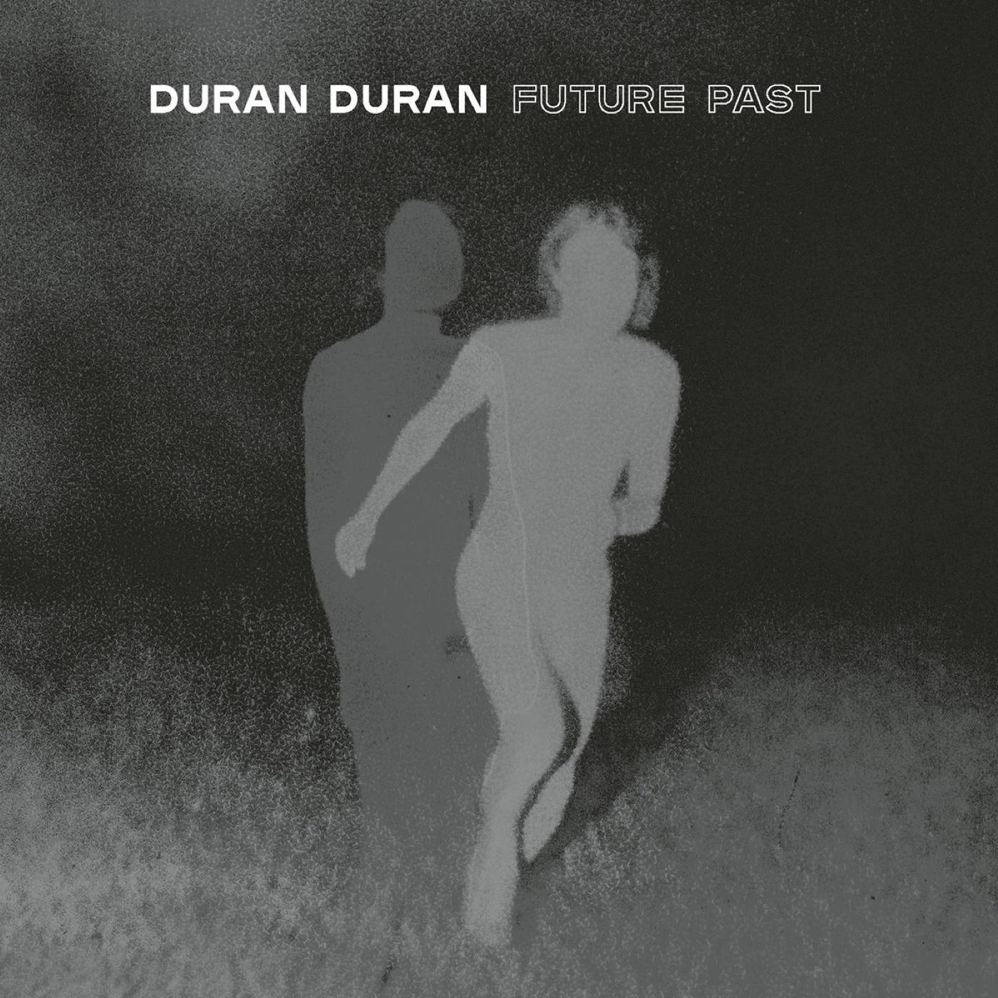 Album borító: Duran Duran, 'Future Past'. Két alak sziluettje sötét háttér előtt.