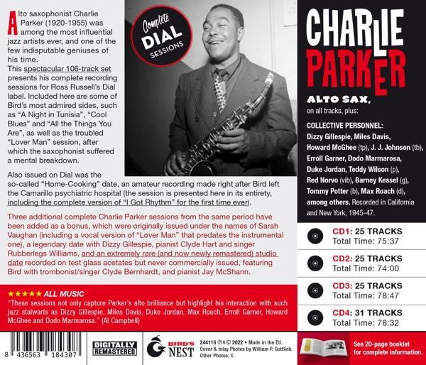 Charlie Parker album hátlapja szöveggel és a számok listájával.