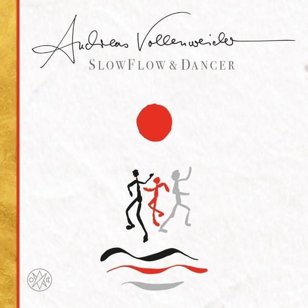 Az Andreas Vollenweider Slowflow & Dancer című albumának borítója. Piros nap és stilizált figurák.