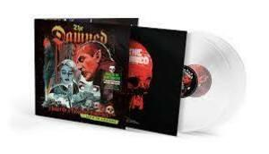 A The Damned album borítója. Egy fehér bakelit lemez a borító mellett, egy piros koponyával.