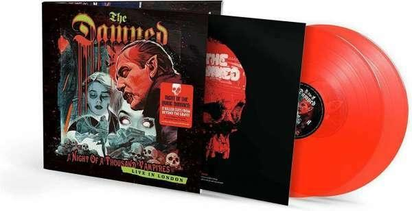Album borító: The Damned. Piros bakelit lemez. Fekete háttér.