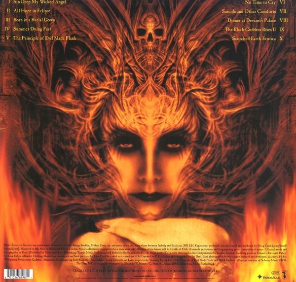 Album borító egy nő arcával lángokban. Cím: Cradle of Filth, album címe és a számok listája látható.