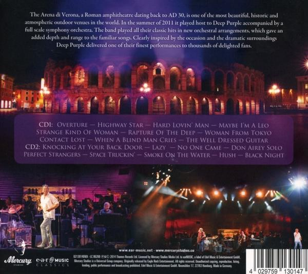 Album borító a CD-számok szövegével. Deep Purple a Verona Arénában. 'The Arena of Verona'.