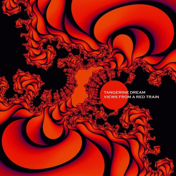 Absztrakt albumművészet. Piros és narancssárga örvénylő formák fekete háttéren. Kör szöveggel: Tangerine Dream Views From a Red Train.