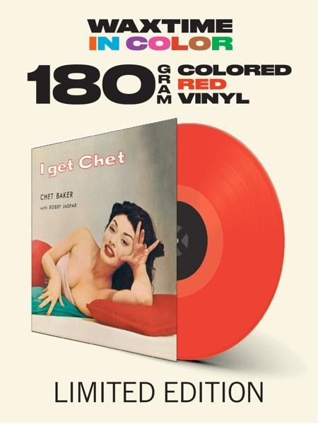 Album borító Chet Bakerrel, szöveggel és egy piros bakelit lemezzel.