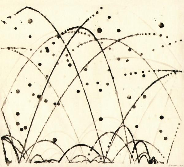 Dessin abstrait à l'encre avec des arcs et des points noirs sur fond clair.