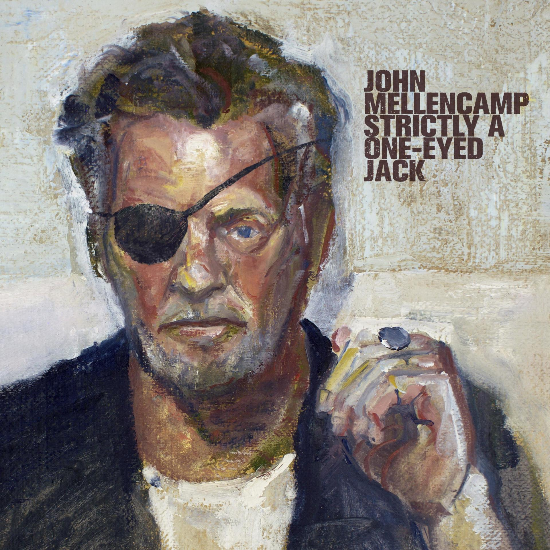 John Mellencamp Albumcover, Porträt mit Augenklappe, Malstil, dunkle Töne.