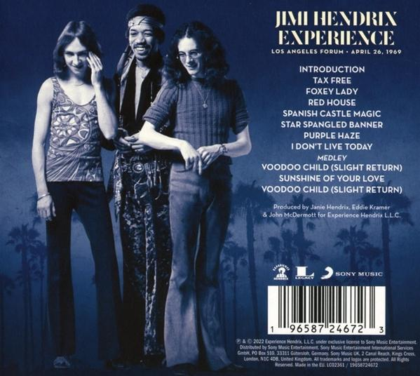 Albumcover mit drei Personen. Text: JIMI HENDRIX EXPERIENCE, Los Angeles Forum, 26. April 1969.
