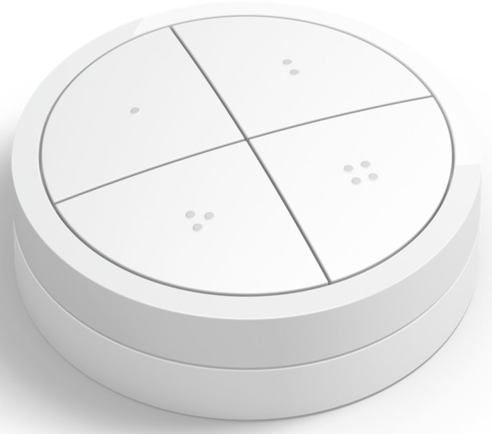 Appareil domestique intelligent rond et blanc avec quatre boutons segmentés et une petite base circulaire.