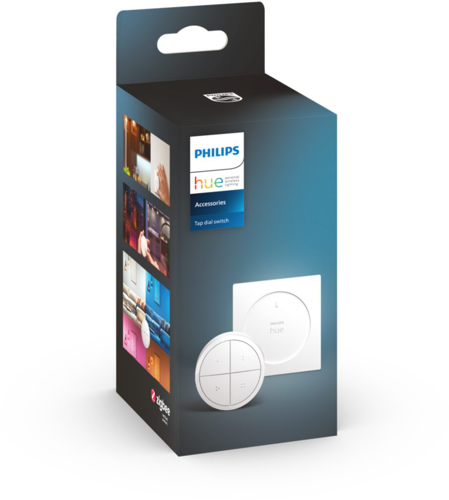 Boîte noire avec accessoires Philips Hue. Interrupteur sans fil blanc et interrupteur rotatif Tap sur la boîte.