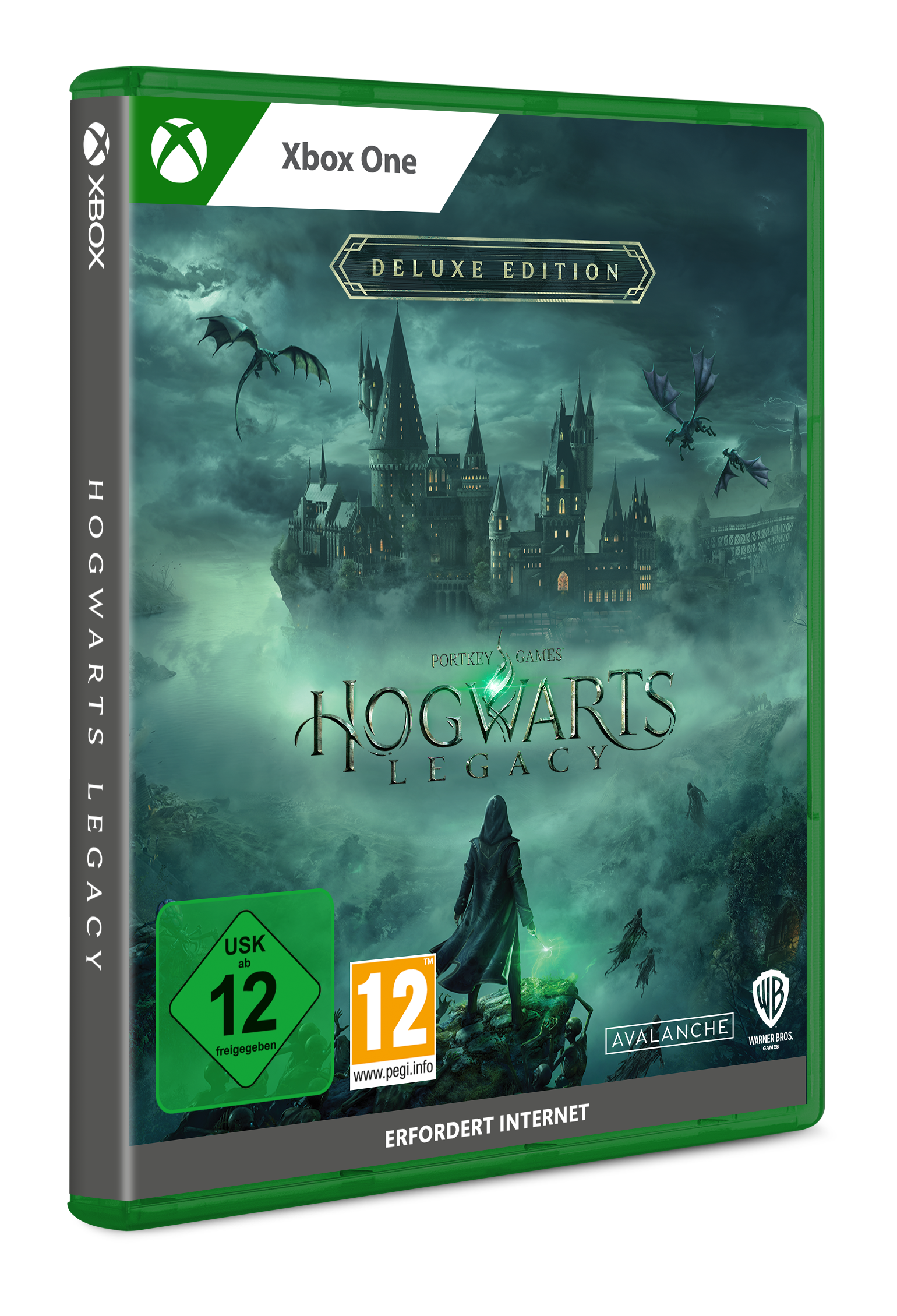 Hogwarts Legacy Spielbox. Grünes Gehäuse mit Spielgrafik.
