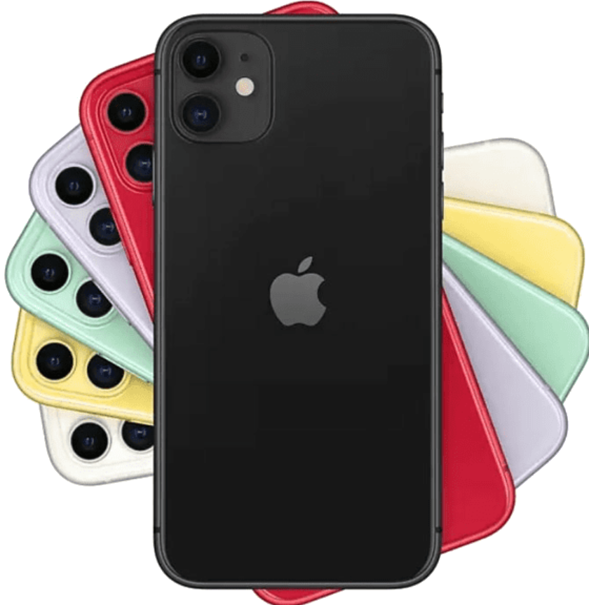 Bir iPhone 11 koleksiyonu. Ortada siyah telefon, renkli telefonlarla çevrili.