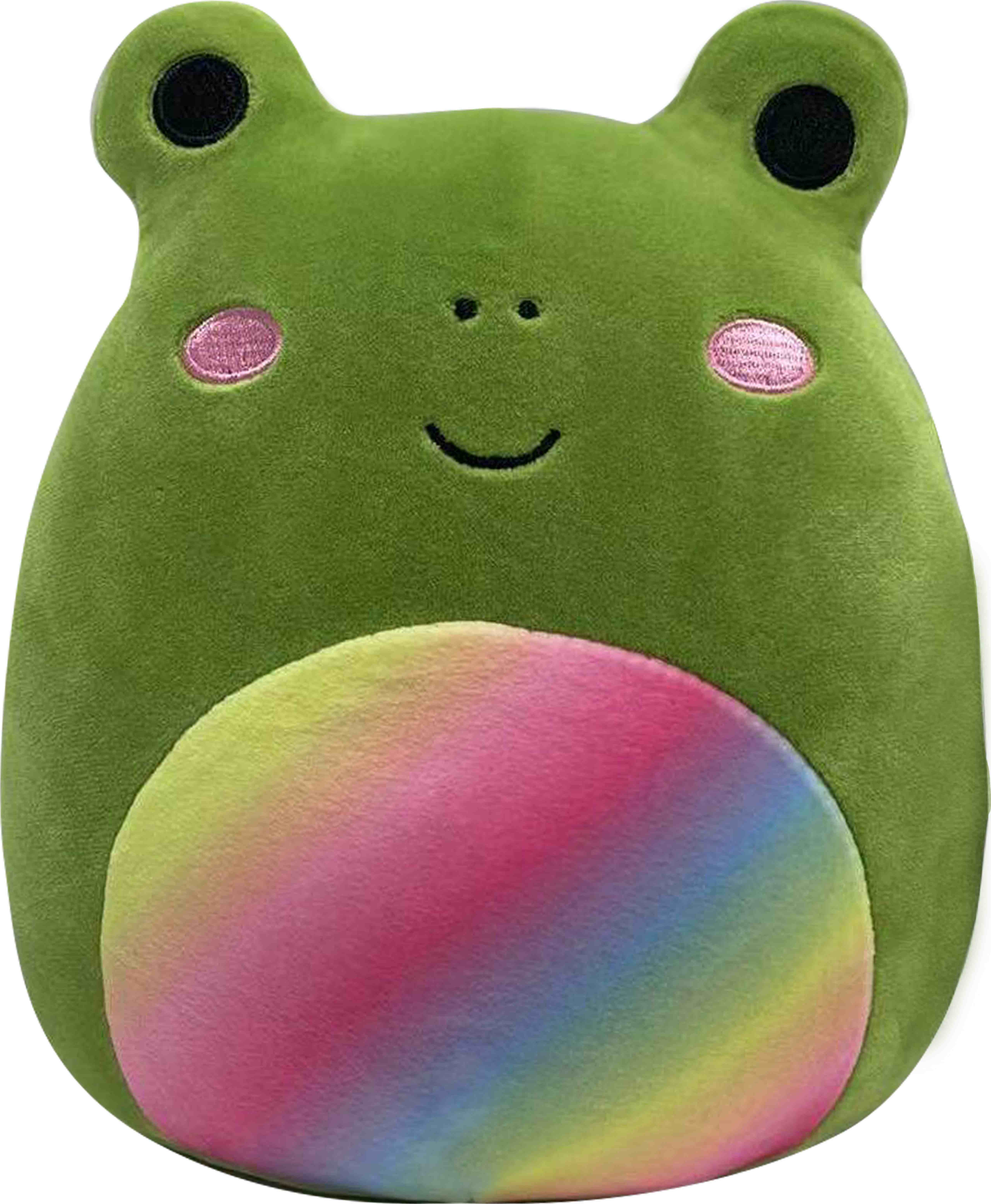 Ein grünes froschförmiges Plüschtier mit Regenbogenbauch.