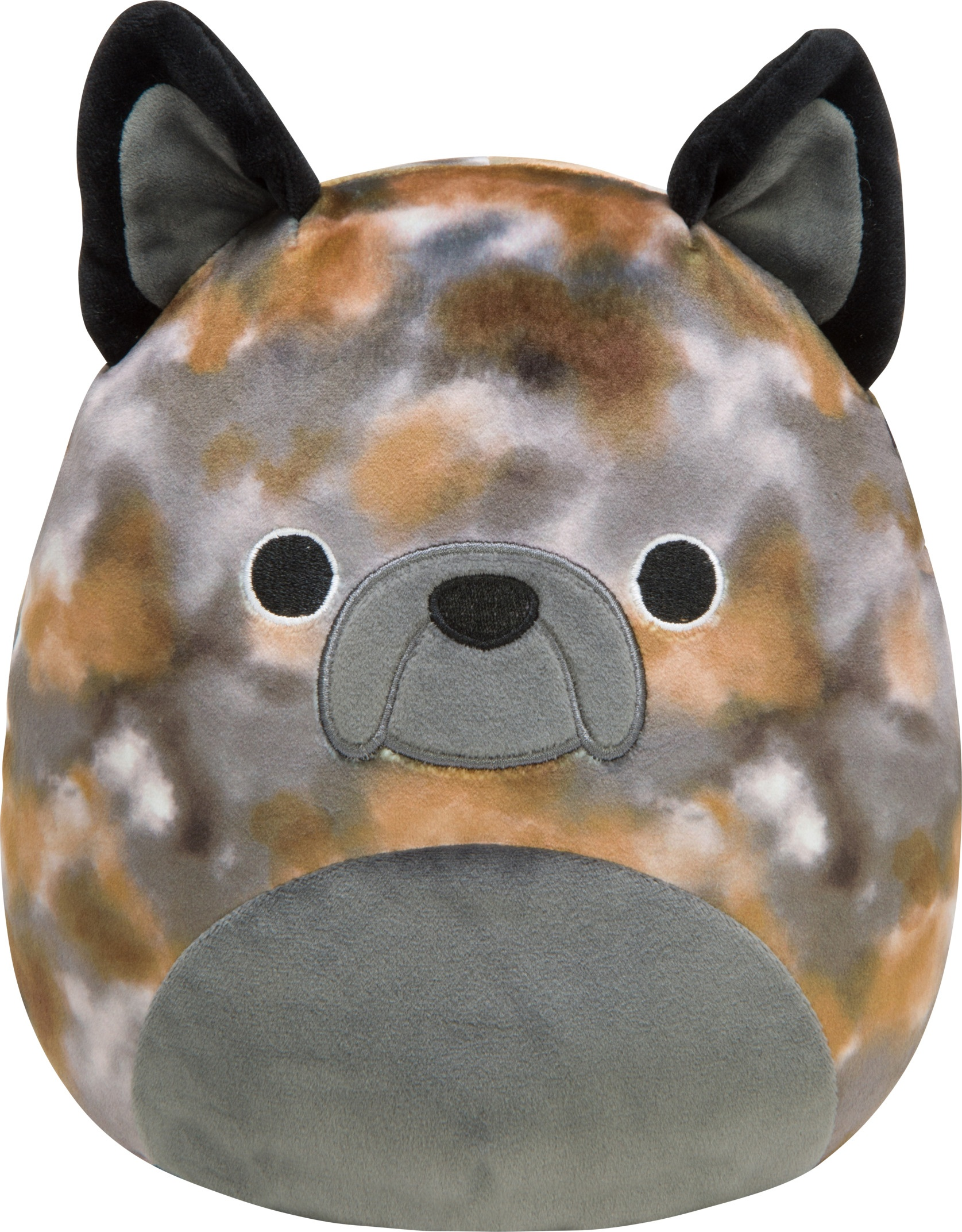 Plüschhund mit gesprenkeltem Muster, schwarze Ohren. Abgerundete Form, graues Gesicht.