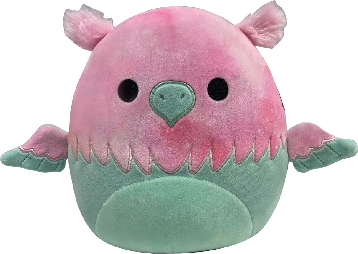 Ein rosa und teal-farbenes eulenartiges Plüschtier mit Flügeln. Es hat schwarze Augen.