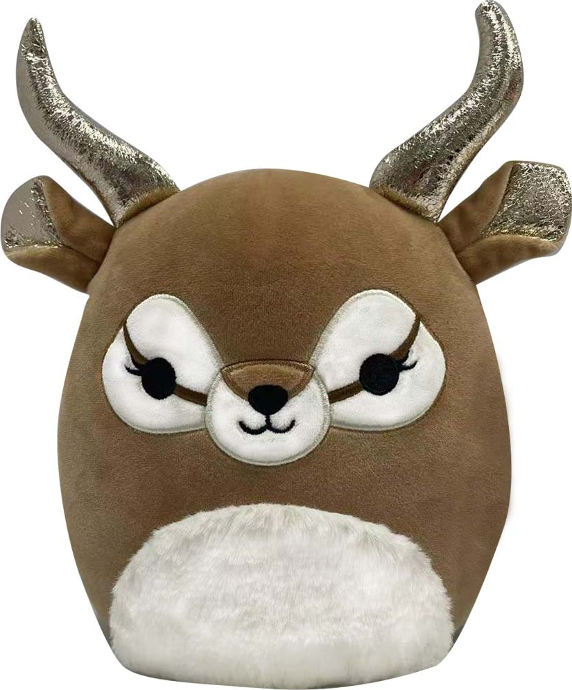 Braunes Hirsch-Stofftier mit goldfarbenen Geweihen, weißem Fell und großen Augen.
