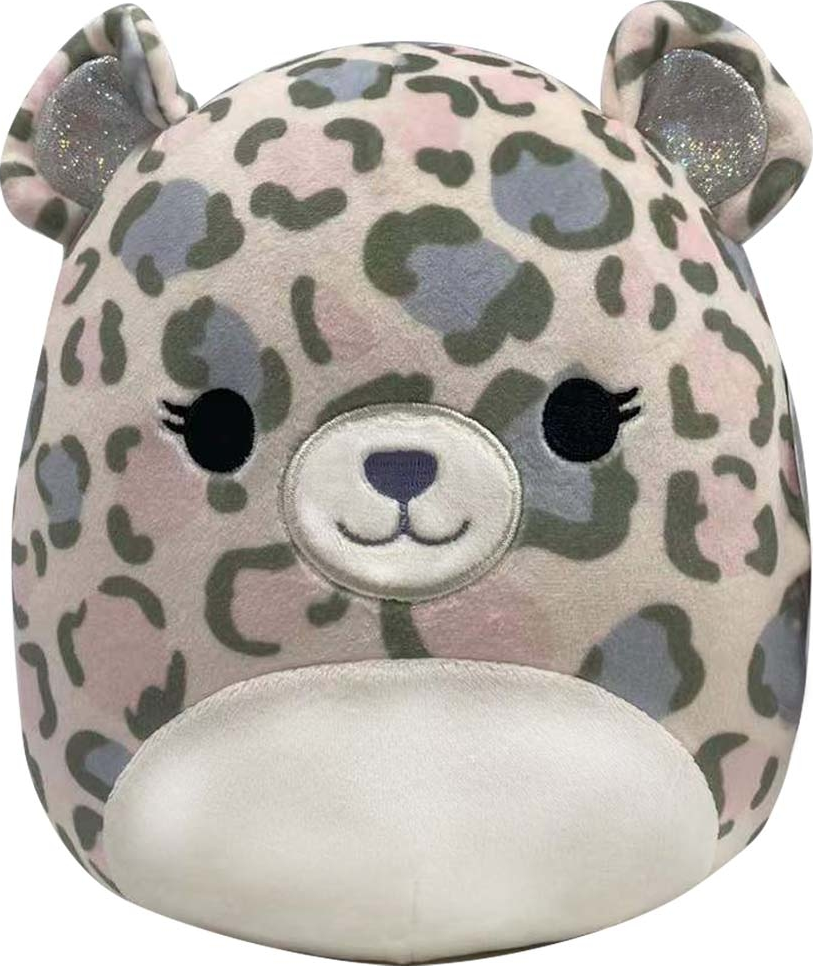 Plüschtier, ein Leopard, mit rosa und grauen Flecken, lächelnd.