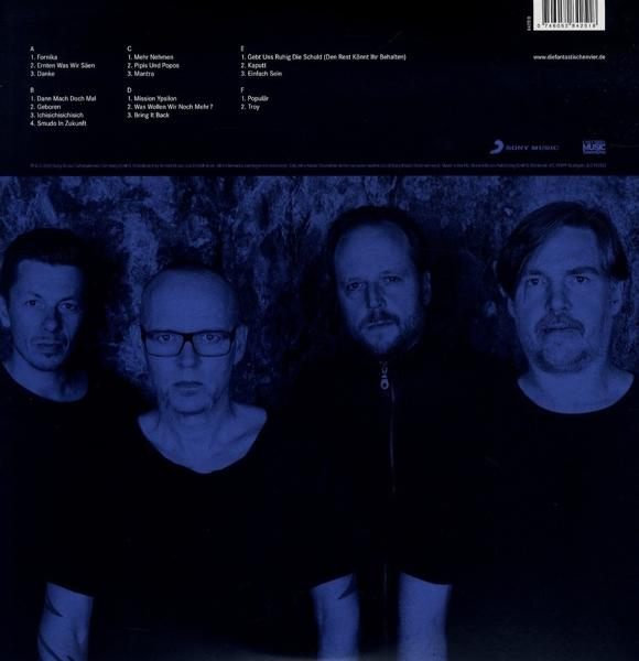 Albumcover mit vier Männergesichtern und einer Titelliste auf blauem Hintergrund.