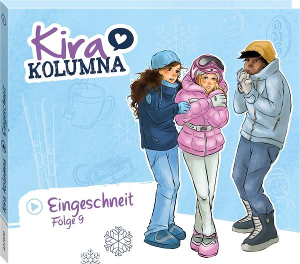 Cover-Art: Kira Kolumna. Drei Zeichentrickfiguren in Winterkleidung. Hellblauer Hintergrund. Text: Kira Kolumna.