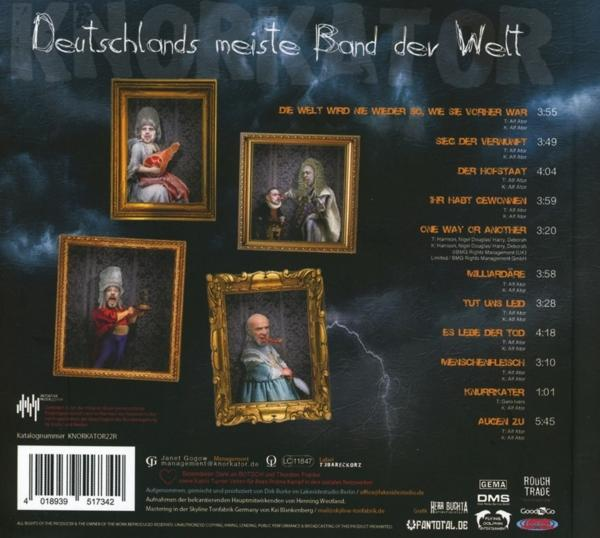 CD-Cover mit gerahmten Bildern von kostümierten Personen, deutschem Text 'Deutschlands meiste Band der Welt' und Titelliste.