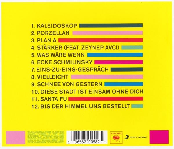 Albumcover mit buntem Text, Titelliste. Gelber Hintergrund.