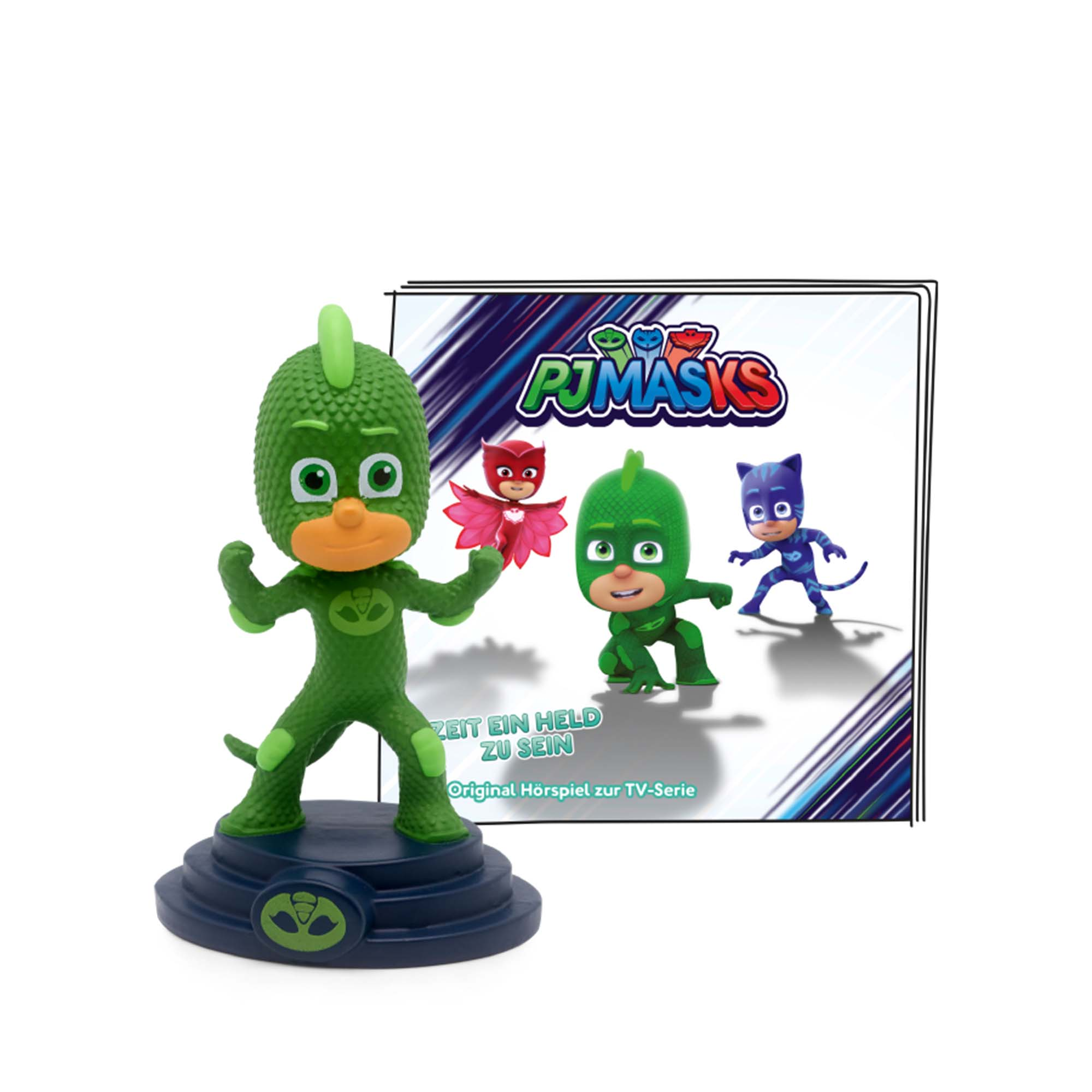 PJ Masks Figuren auf einem Ständer, mit Logo und Charakterbildern der Serie.