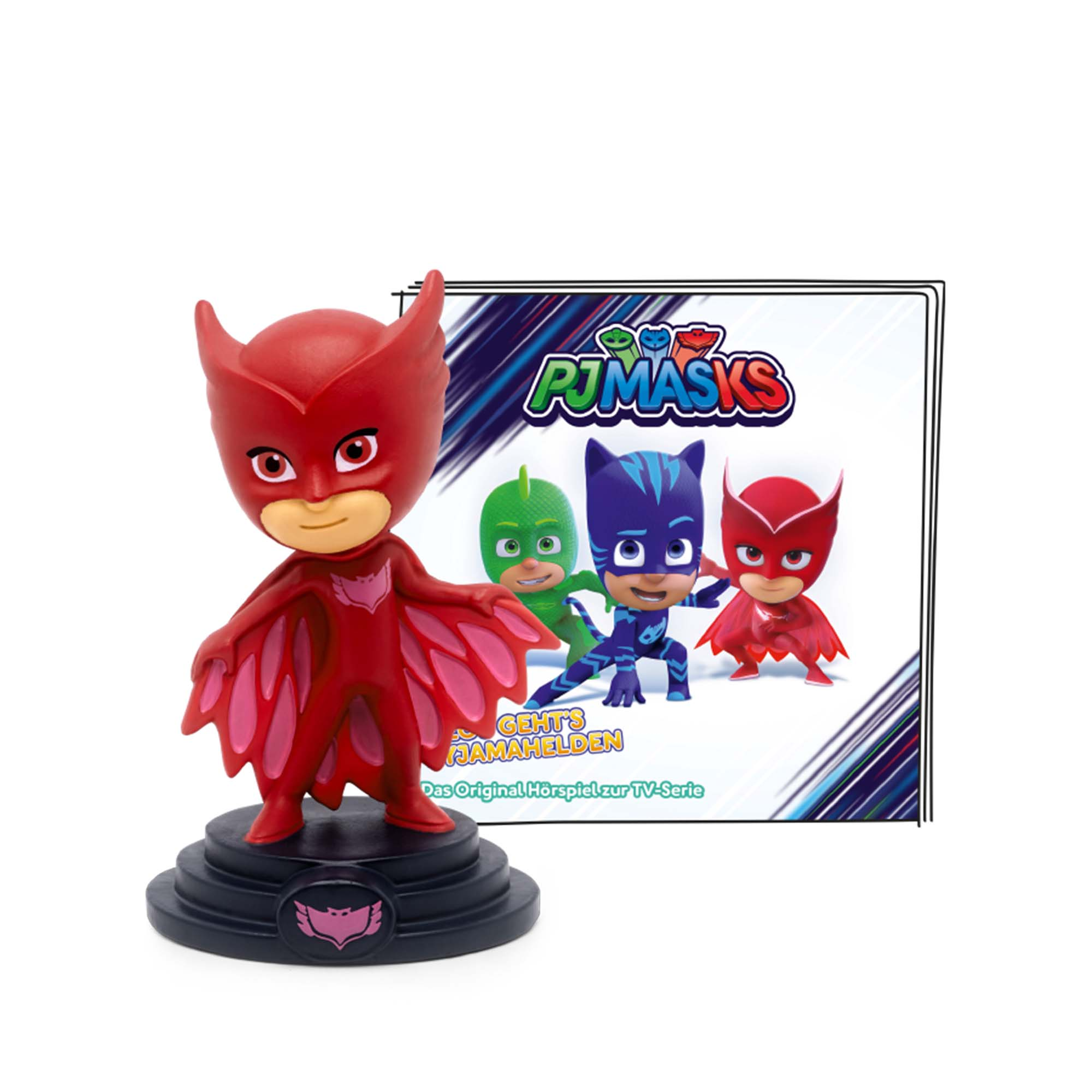 Eine rote Catboy-Figur und eine PJ Masks-Karte mit den anderen Charakteren. Weißer Hintergrund.