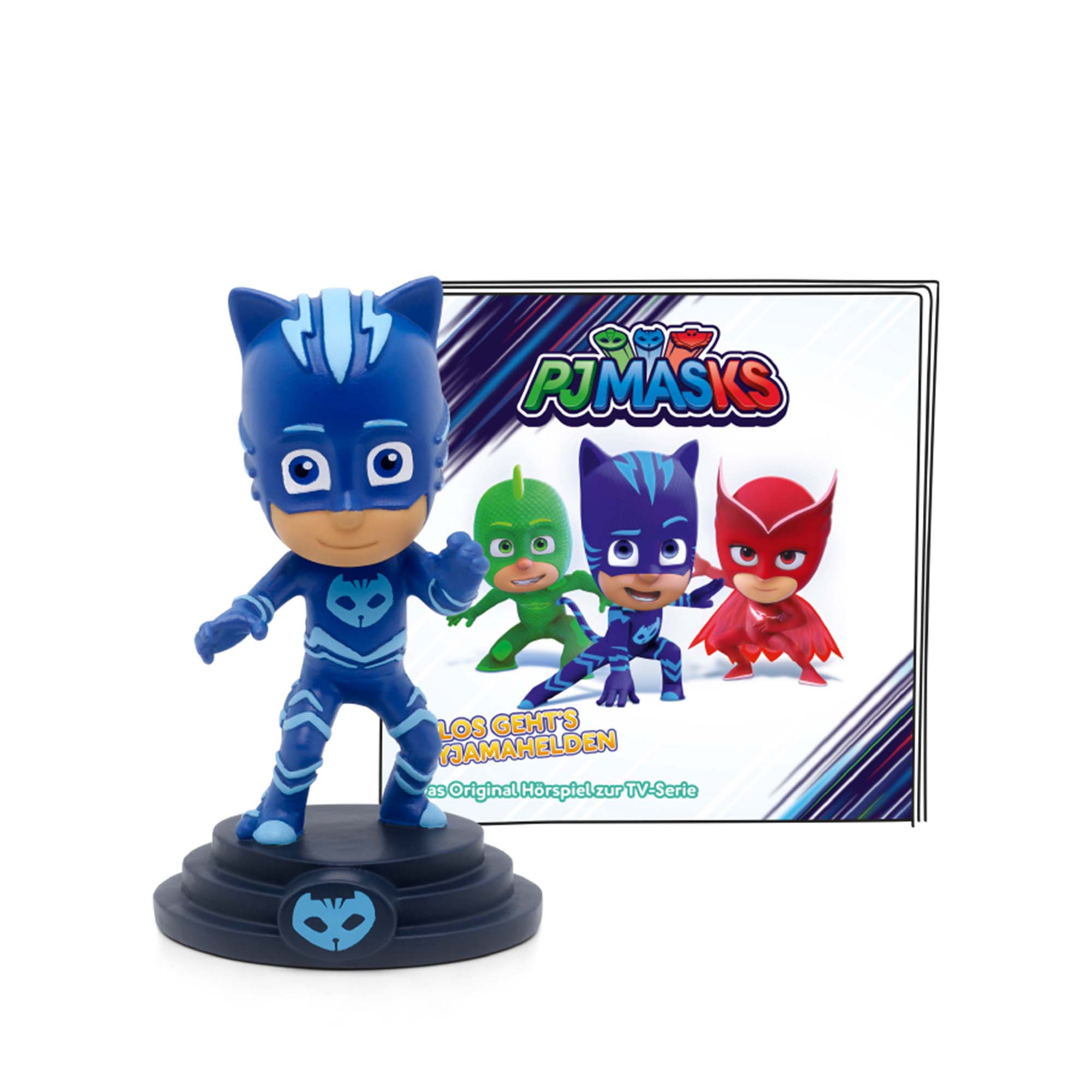 PJ Masks Figuren, eine blaue Katze, ein grüner Gecko, eine lila Eule und eine rote Eule. Ein Bild.