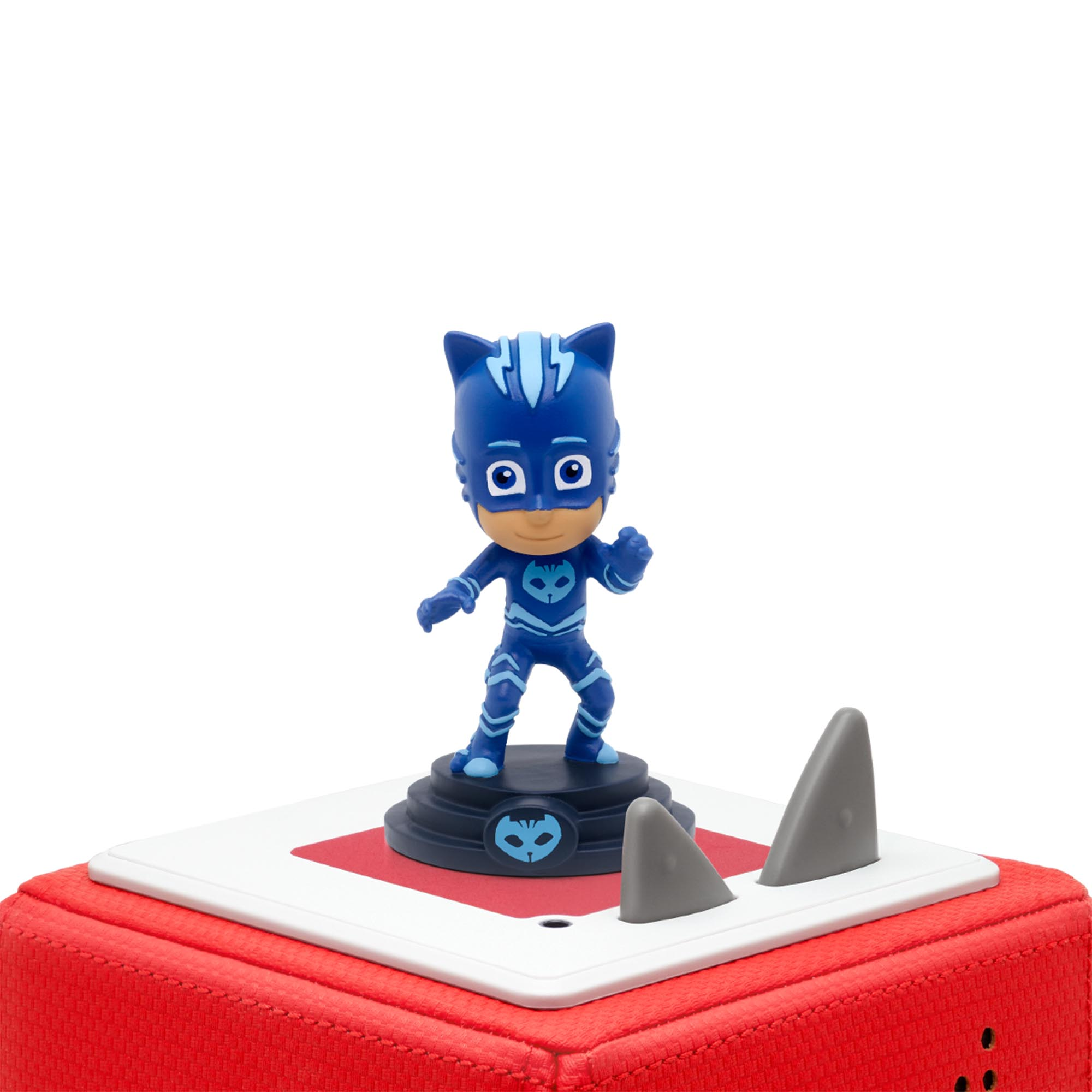 Eine blaue Superheldenfigur auf einer roten Box.