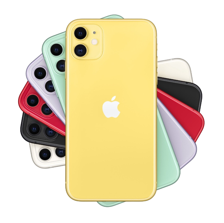 Farklı renklerde çeşitli iPhone 11 telefonları, siyah bir arka plan üzerinde bir fan şeklinde düzenlenmiş.