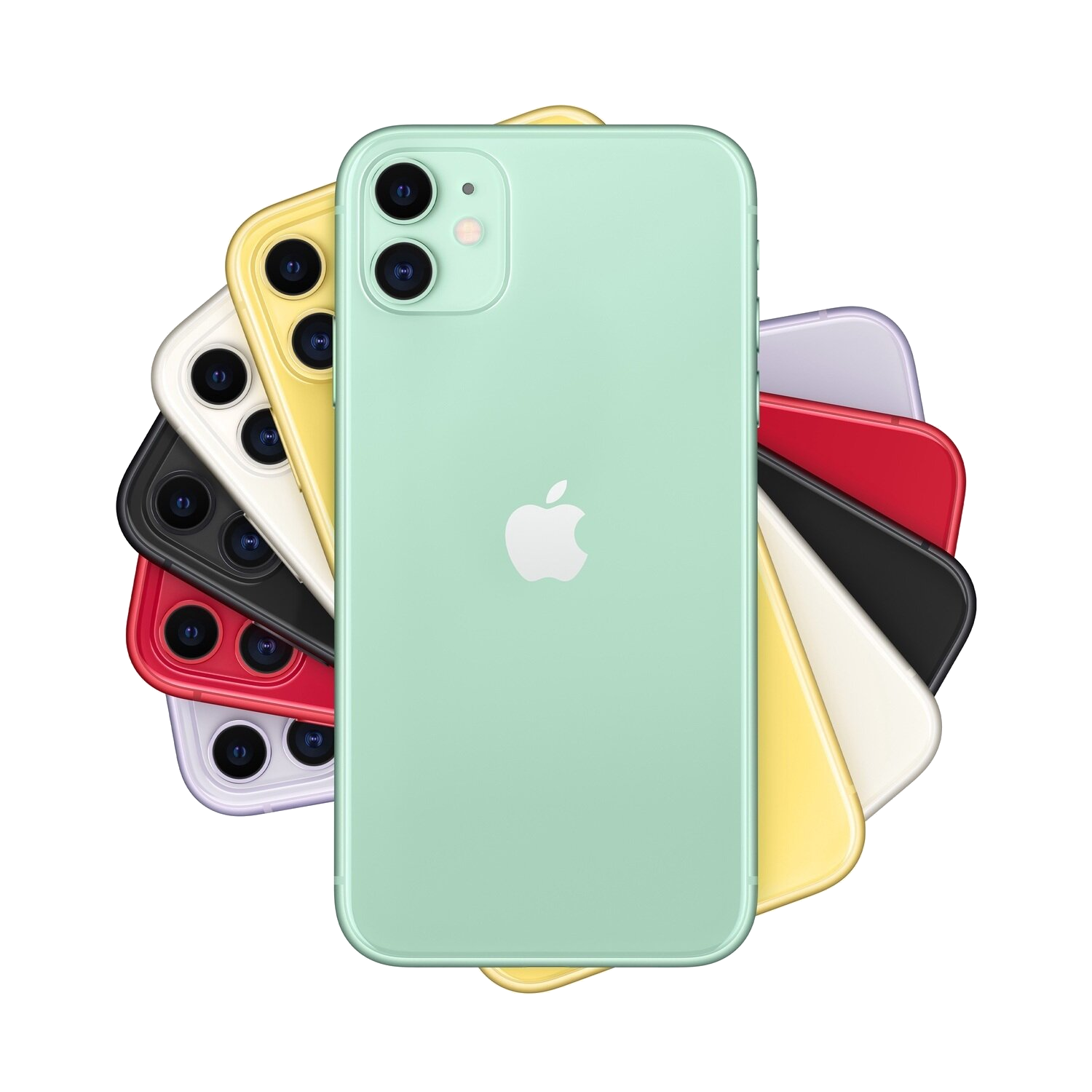 Çeşitli renkli iPhone 11'ler, arkaları görünüyor. Yeşil, sarı, beyaz, siyah, kırmızı ve daha fazla renk.