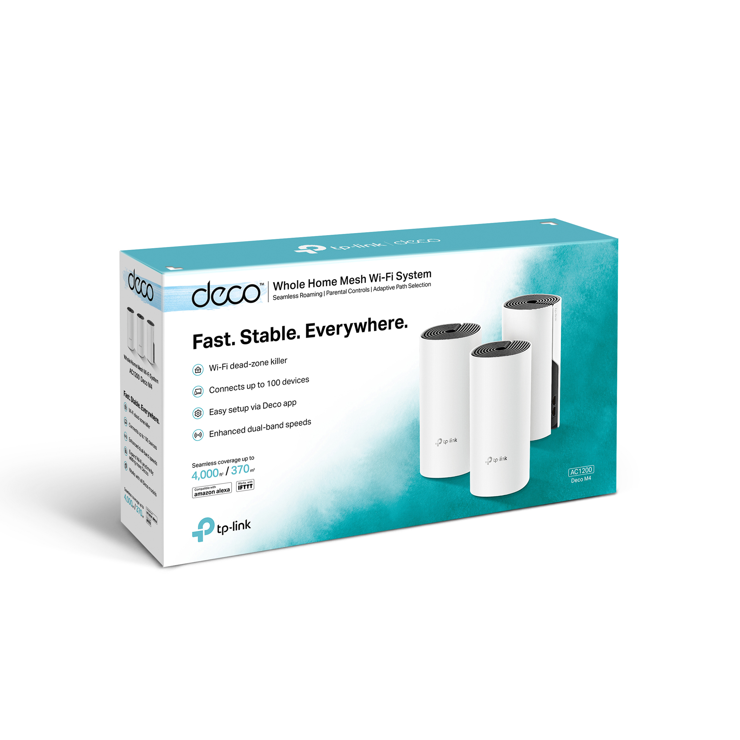 Caja del sistema Wi-Fi blanca y azul claro con tres routers cilíndricos blancos y detalles del producto.