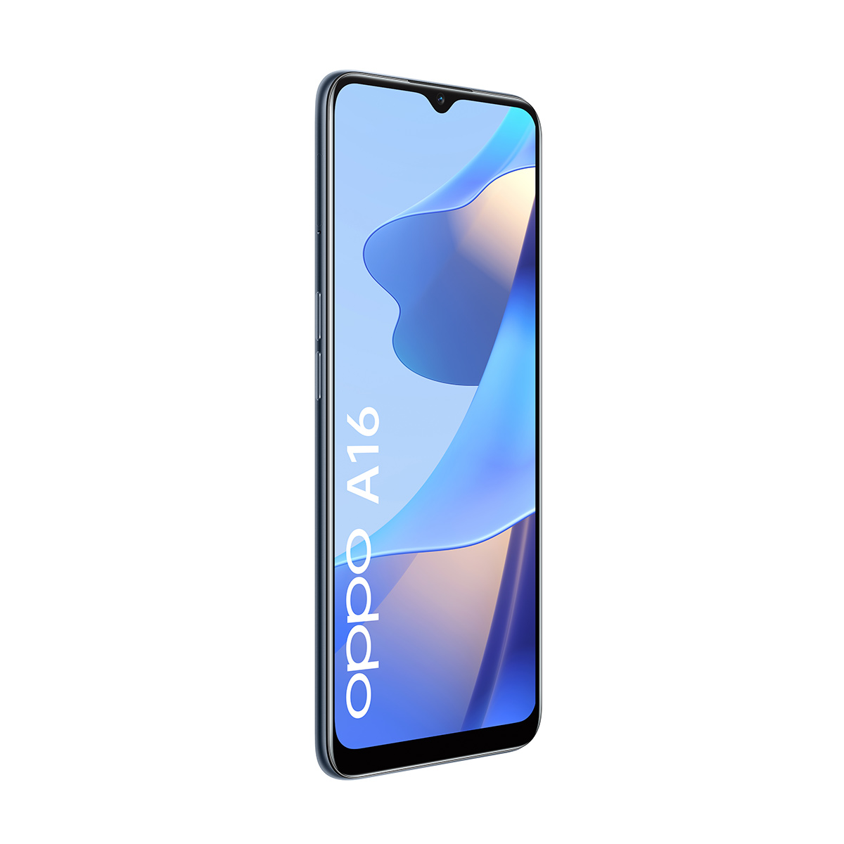 Blaues Oppo A16 Smartphone in vertikaler Ansicht.