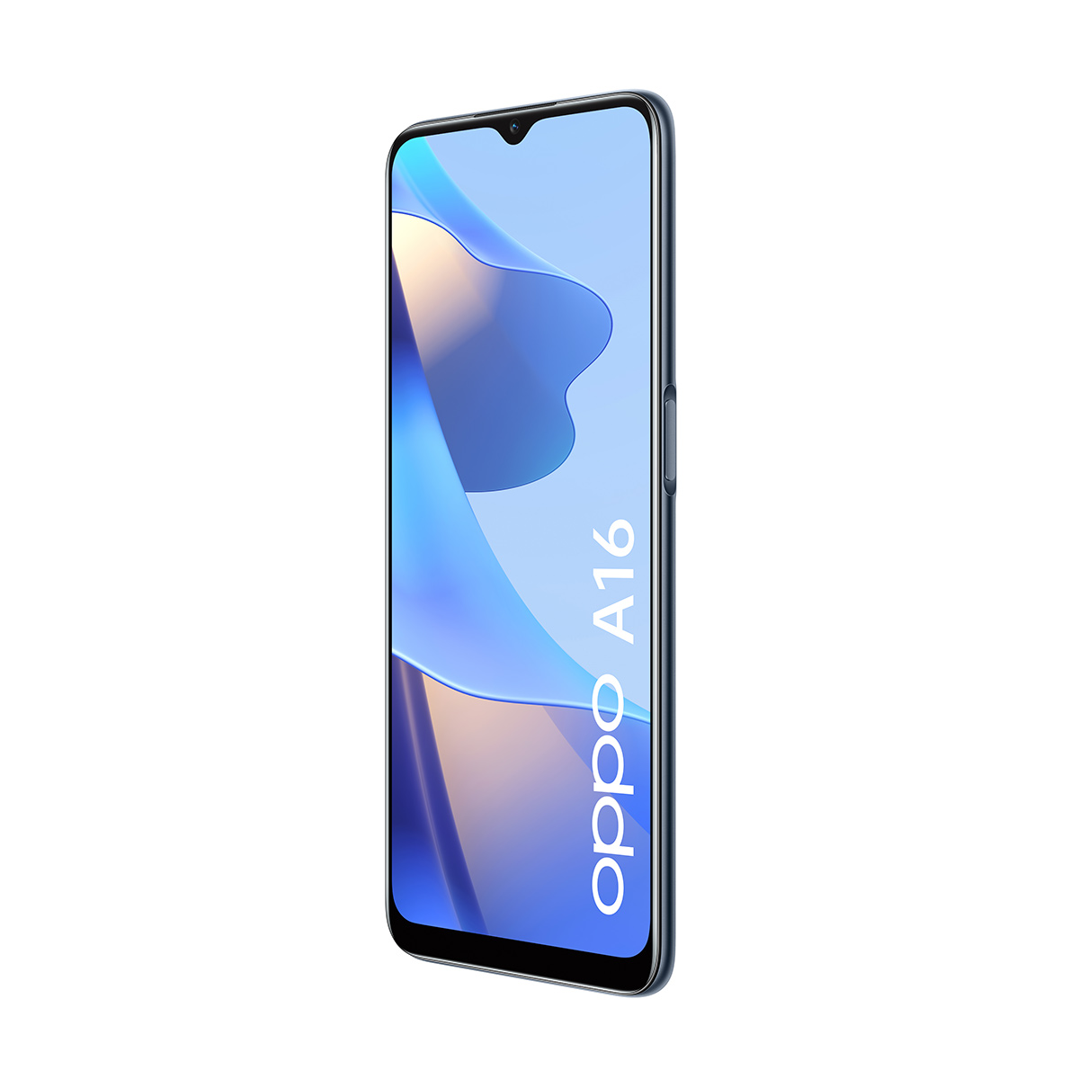 Schwarzes Oppo A16-Telefon, abgewinkelt, zeigt den Bildschirm mit hellblauem Farbverlauf.