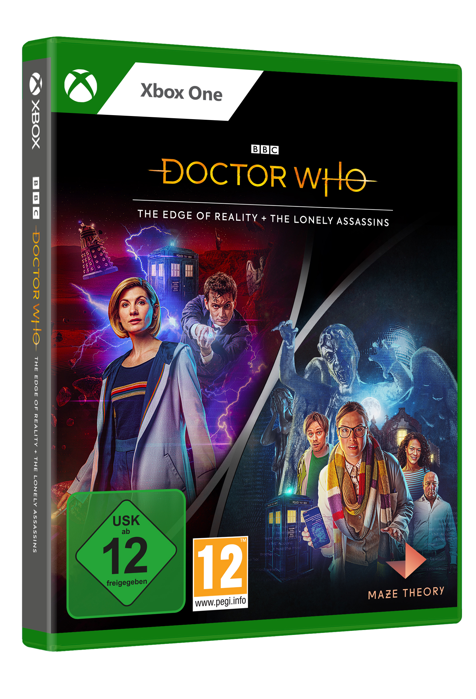 Xbox One Spielbox für Doctor Who. Es zeigt Charaktere und eine blaue TARDIS.