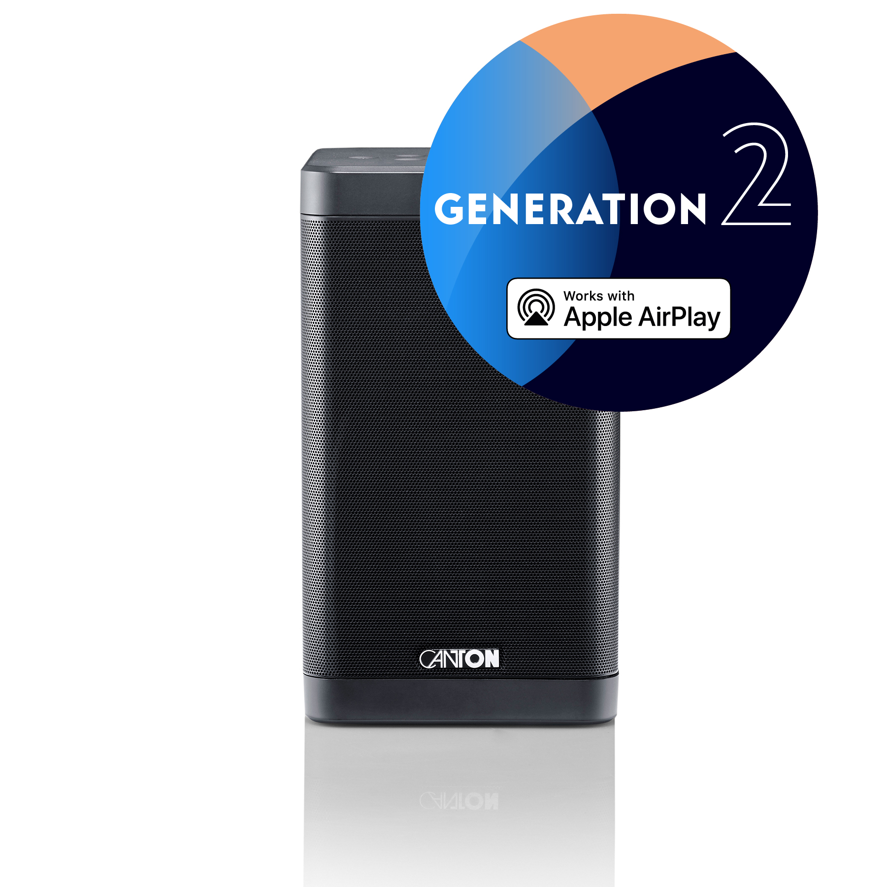Schwarzer Lautsprecher mit einem Generation 2-Abzeichen und Apple AirPlay-Logo.
