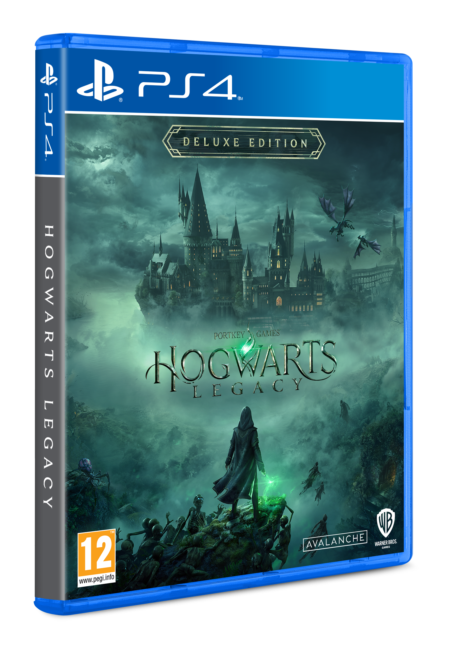 Caja de juego: Hogwarts Legacy Deluxe Edition, PS4. La imagen muestra la portada.