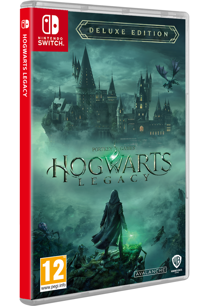 Una caja de juego de Nintendo Switch para 'Hogwarts Legacy: Deluxe Edition'. La portada muestra un personaje y Hogwarts.