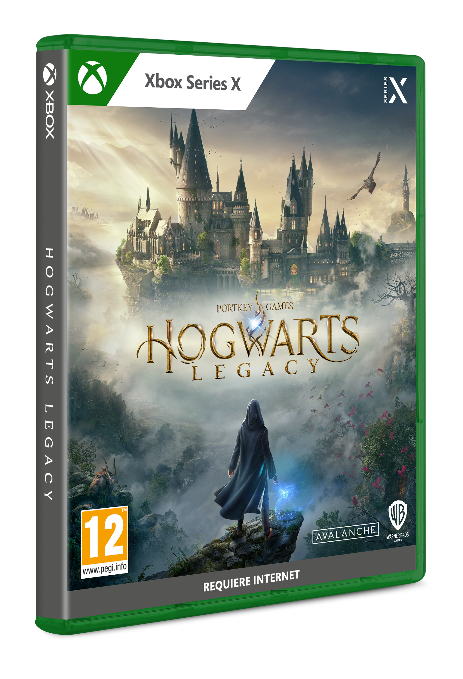 Caja del juego con la carátula de Hogwarts Legacy. Caja verde, fondo negro.