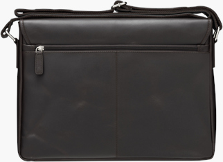 Bruine leren messenger bag, met een ritsvak aan de achterkant.