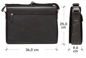 Donkerbruine leren tas met afmetingen: 36cm x 25cm x 9cm.