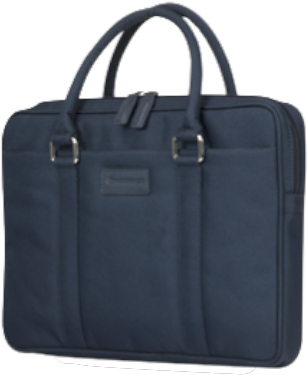 Blauwe laptoptas met handvat en gespdetail.