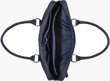 Een marineblauwe open tas, met interne compartimenten en handvatten.