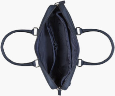 Open blauwe leren tas. Binnenin zijn compartimenten voor het opbergen en dragen van spullen.