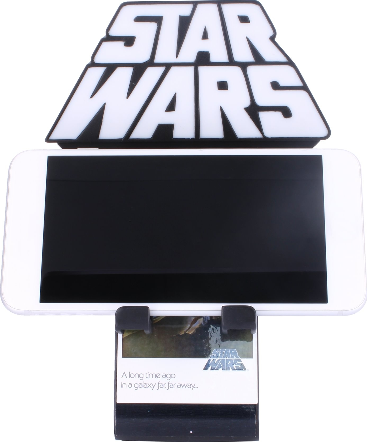 Star Wars-Schild befindet sich über einem Tablet. Eine Karte mit Star Wars-Text befindet sich unten.